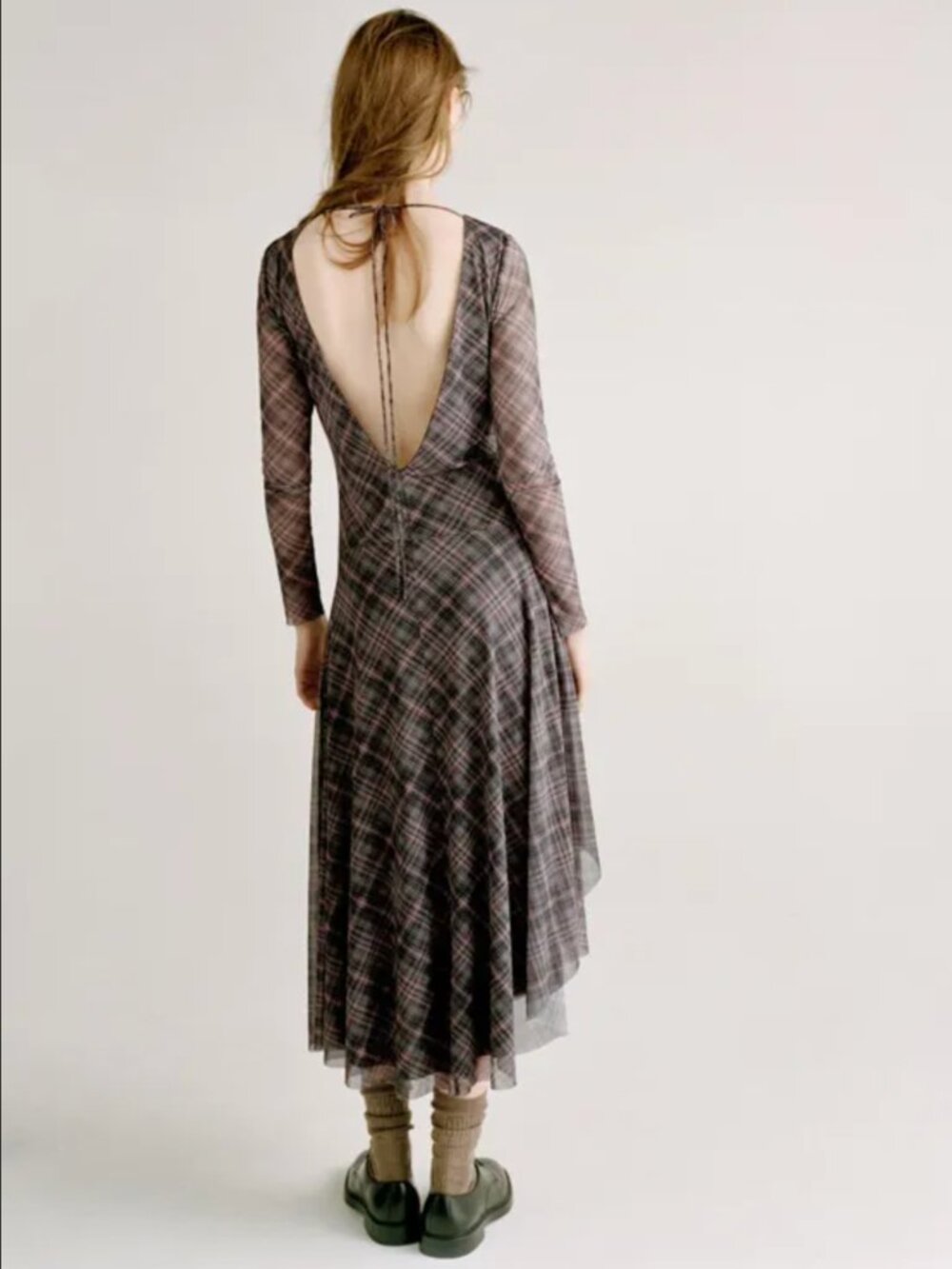 ZARA ZW Collection Women Dark Grey Sheer Plaid Midi Dress Size M or L NWT - Picture 3 of 9